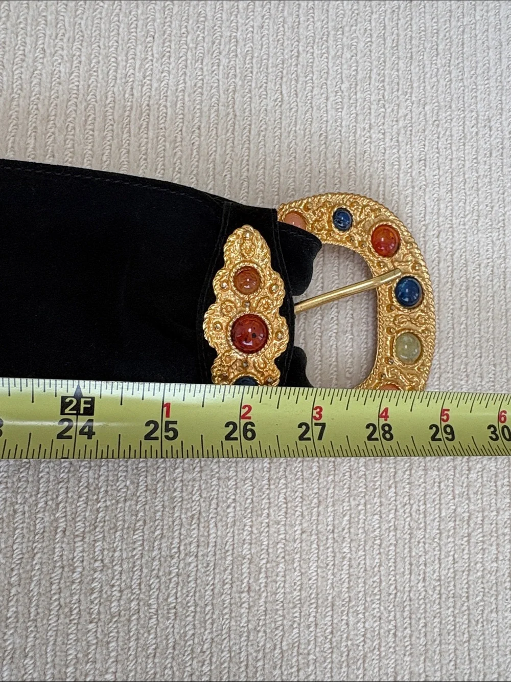 Black Suede Leather Belt with Gold Gem-Studded Buckle